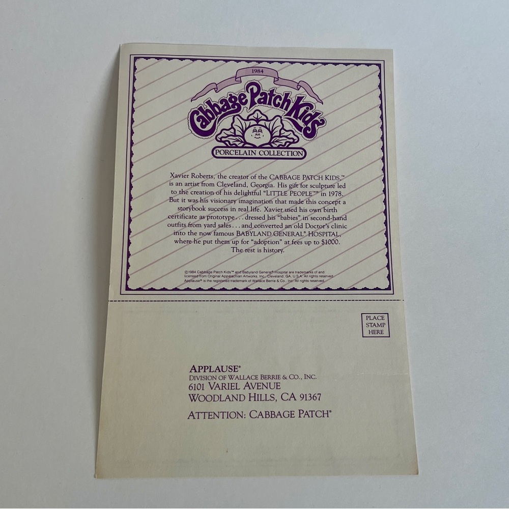 1984 Applause Cabbage Patch Kids 16" Porcelain Doll Jessica Louise Original Box๐ - Picture 11 of 16